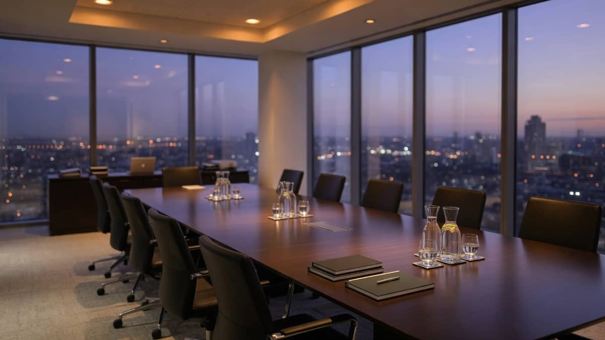 Empty modern executive boardroom overlooking the city at dusk