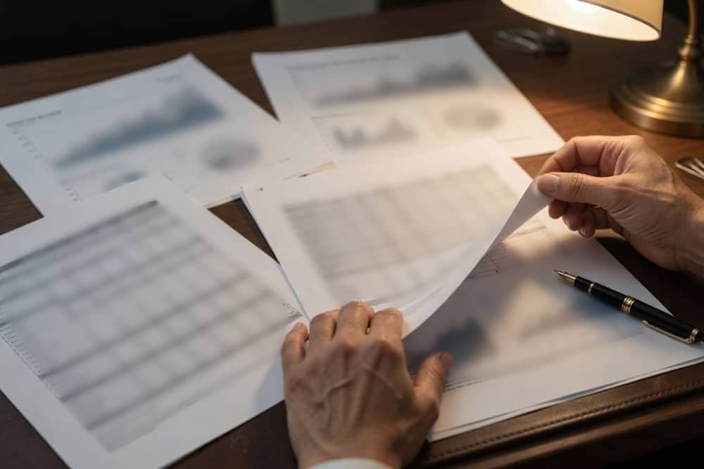 Hands reviewing printed rate exhibits on a desk